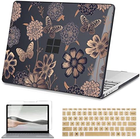Teryeefi Compatible with 12.4 Inch Microsoft Surface Laptop Go 2/1 Case with Touch Screen Model 1943, Plastic Hard Shell Case + Keyboard Skin Cover + Screen Protector, Gold Floral & Butterfly