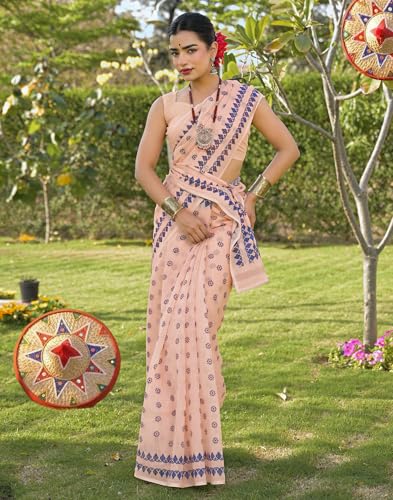 Image of SIRIL Women's Cotton Linen Mekhela Chador Printed Saree with Unstitched Blouse Piece