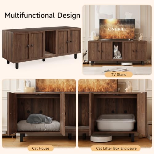 Image of ONBRILL 63 Inches Cat Litter Box Enclosure for 2 Cats, Hidden Litter Boxes Furniture with Cat Scratch Pad, Large Indoor Pet House with Double Room, Wooden TV Stand Side Table, Walnut