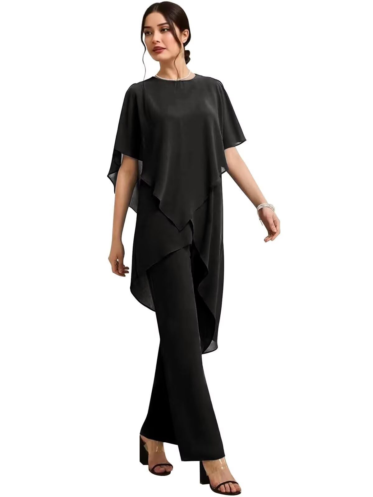 Tiered Mother of The Bride Pant Suits for Women Dressy 2 Pieces Half Sleeves Chiffon Formal Evening Jumpsuits