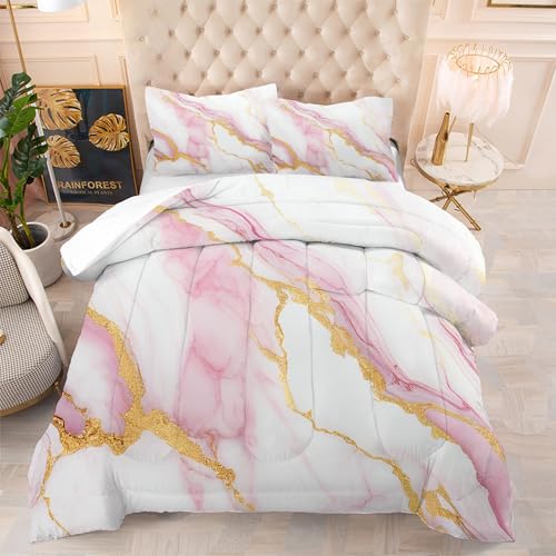 Girls Queen Comforter Set - Pink Marble Bedding