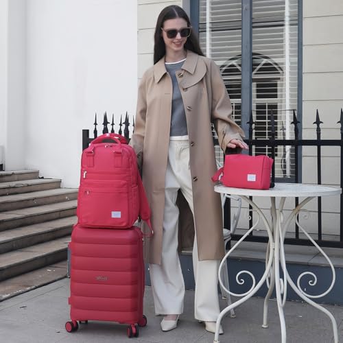 Image of Carry On Luggage 22x14x9 Airline Approved, 22 Inch PP Hardshell Luggage Carry-on Suitcase with Spinner Wheels, Carry On Suitcase Set for Women(Rose Red)