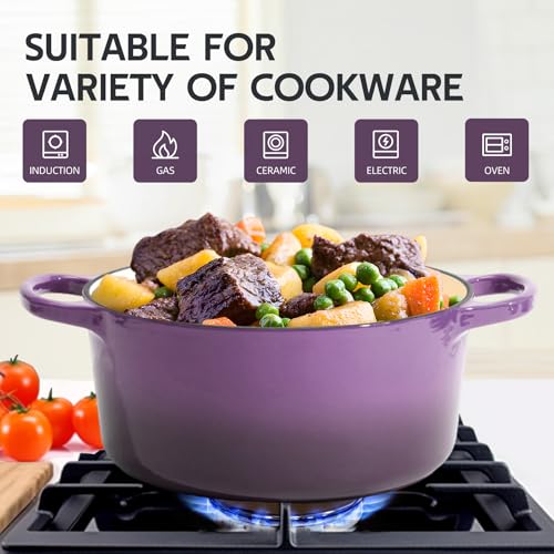 Image of Dutch Oven Enameled Cast Iron with Lid - Big Dual Handles - Oven Safe up to 500F - Classic Round Pot for Versatile Cooking (Purple, 6 QT)