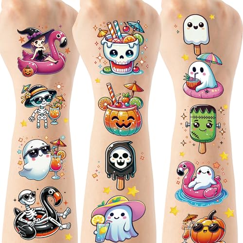 Summer Halloween Temporary Tattoos, 160 Halloween Beach Decorations, Cute Ghost Party Favors Fake Tattoo for Youth, Tropical Horror Event Accessories (8 sheets)