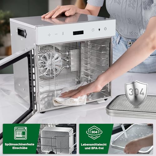 Kwasyo Dörrautomat Edelstahl, 8 Etagen mit 6er Dörrfolie, Rezeptbuch, BPA-frei, 30–90 ℃ Temperatureinstellung, max. 24 Stunden, Dörrautomat für Gemüse, Fleisch, Obst – Bild 7