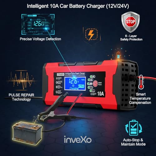 Image of inveXo 10-A 12V 24V Smart Car Battery Charger, Bike, Truck | Automotive Trickle Charger, Battery Maintainer, Desulfator, Temp Compensation | Suitable for Lead Acid, AGM, Gel, SLA (10-A 12V & 5-A 24V)