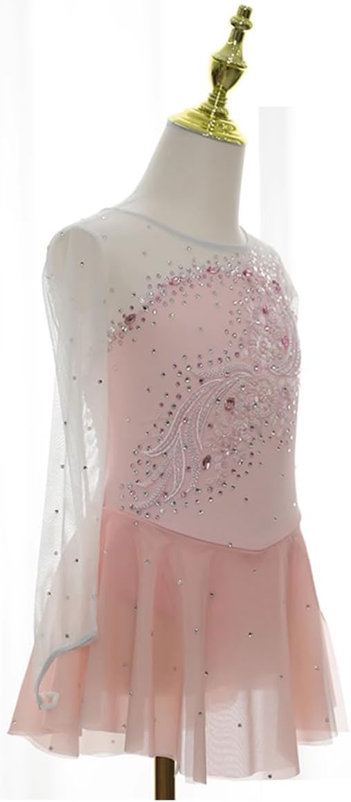 Women's Winter Full Diamond Figure Skating Suit Pink Long Sleeves Gymnastic Leotard Roller Skating Dance Costume