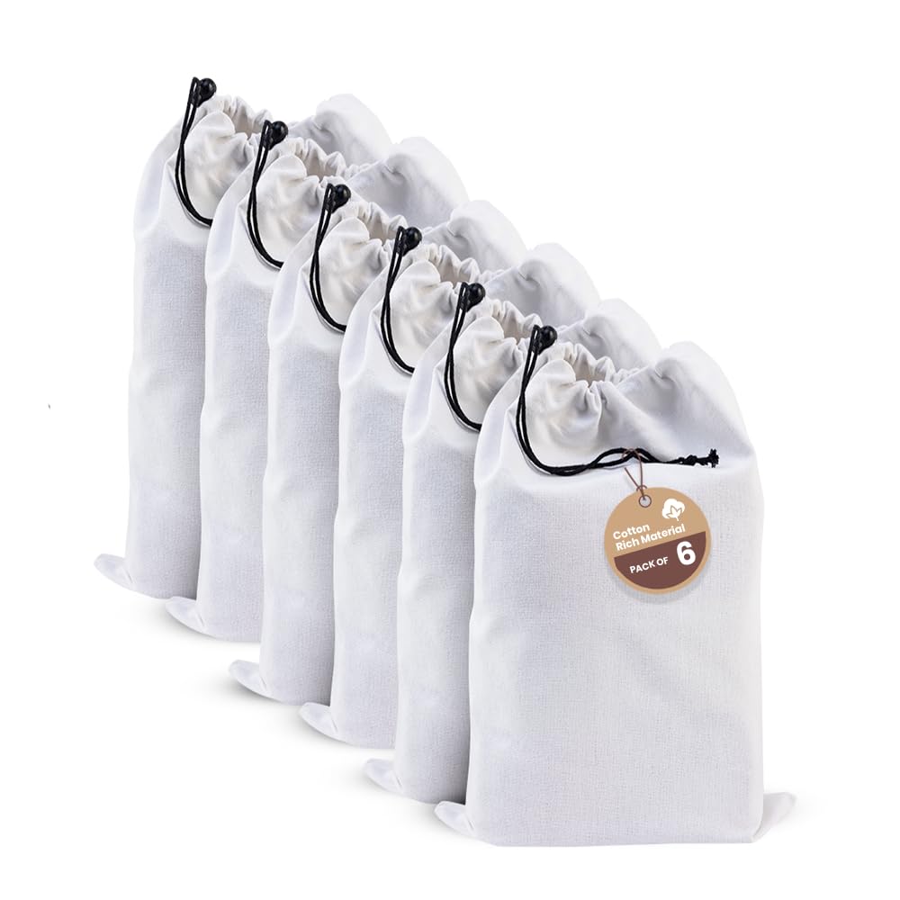 LFH Cotton Rich Shoe Storage Bags with Drawstring, Dustproof Breathable Reusable Organizer, Perfect For Travel, Dorm, Hotel, College, Gym, Easy to Carry, Machine Washable 8"x17" (Pack of 6) - White