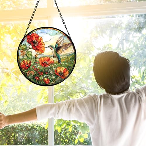 Image of DASTOLL Stained Glass Window Hanging, Hummingbirds Orange Flowers Suncatcher Diamond Glass Panel Hangings Sun Catchers Decor for Birthday for Women, Men, Wife, Aunt, and Mom 6.3 in