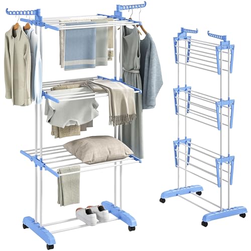 HOMCOM Wäscheständer Turm ausziehbar Standtrockner mit 4 Ebenen, klappbare Flügel, Rollen, Turmwäscheständer Wäscheturm Wäschetrockner für Innen und Außen, Blau 73 x 45,5 x 177cm