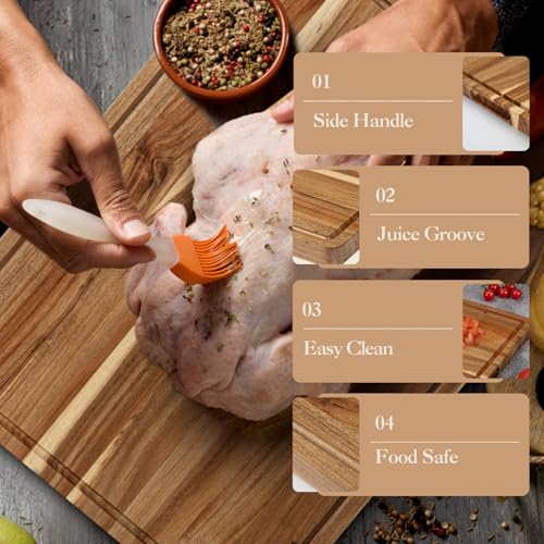 Tabla de Cortar Extra Grande de Madera de Acacia, 62 x 47 x 4,5 cm, con Ranura para Jugos y Asas, Ideal para Carnes, BBQ y Charcutería miniatura 4