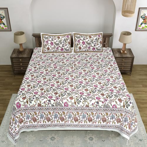 Image of Living Roots Jaipuri Hand Block Print Double Cotton Bedsheet & 2 Pillow Covers, for Mattress Upto 8 inches Thick, No Colour Bleeding, Pink Colour, Super King Size 96 * 104 inches, 150TC (574-C)