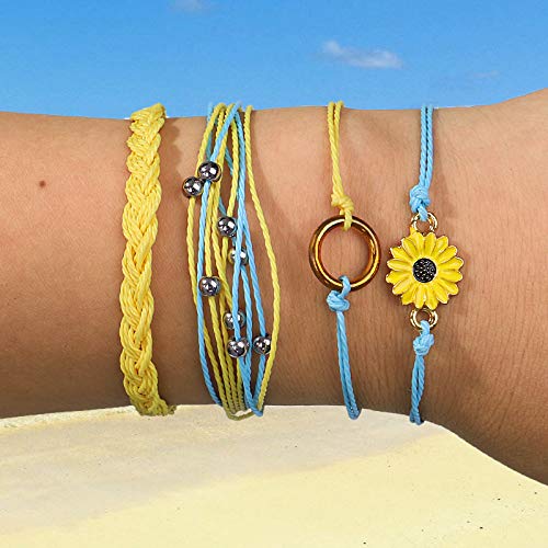 Image of Caiyao 4 Pcs Summer Surfer Wave Anklet Bracelets Adjustable Strand Braided String Rope Bracelets Waterproof Handmade Sunflower Bracelets Anklets Jewelry for Women