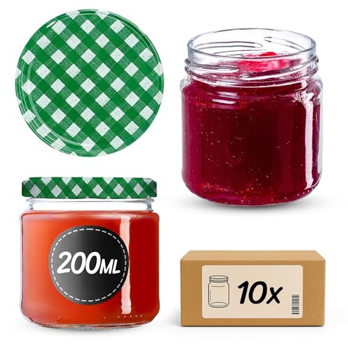 KADAX Tarros Pequeños de 200 ml, Botes de Cristal con Tapa Hermética de 66 mm para Miel, Conservas, Especias y Mermeladas (10 Unidades, Cuadros Verdes)