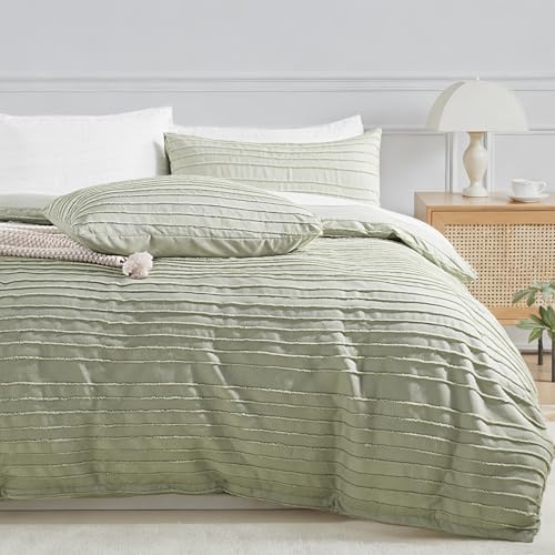 Image of NEXHOME PRO Duvet Cover Queen,3 Pieces Boho Tufted Duvet Cover Set, Soft and Lightweight 100% Washed Microfiber Comforter Cover Set for All Season(Sage Green,90 x 90)-No Comforter