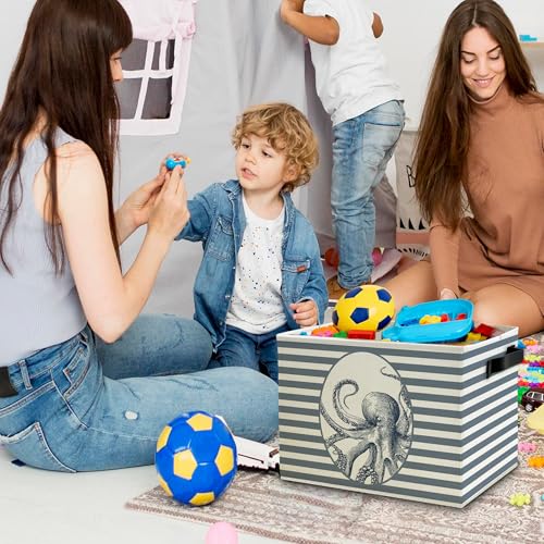 Image of Coastal Beach Octopus Storage Bins Box with Handles, Blue Striped Beachy Ocean Octopus Marine Biology Collapsible Basket Organizer for Bedroom Bathroom Books Clothes