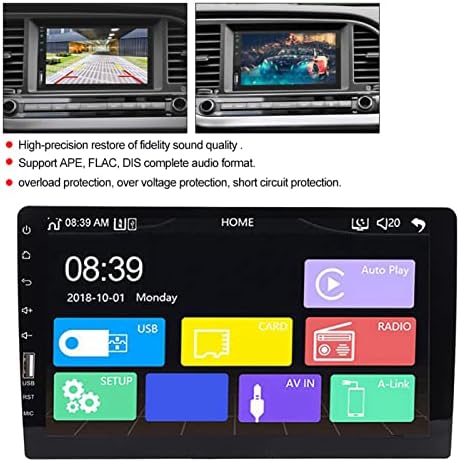 Diagram showing key features of the Suuonee Car MP5 Player: high-precision sound, APE, FLAC, DIS format support, and overload, overvoltage, short circuit protection.