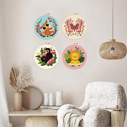 Image of ORIGACH 4 Pack Animals Embroidery Kits for Beginners, DIY Starter Hand Embroidery Kit with Cartoon Owl Butterfly Cat Lion Patterns and Instructions for Adults Women Crafting