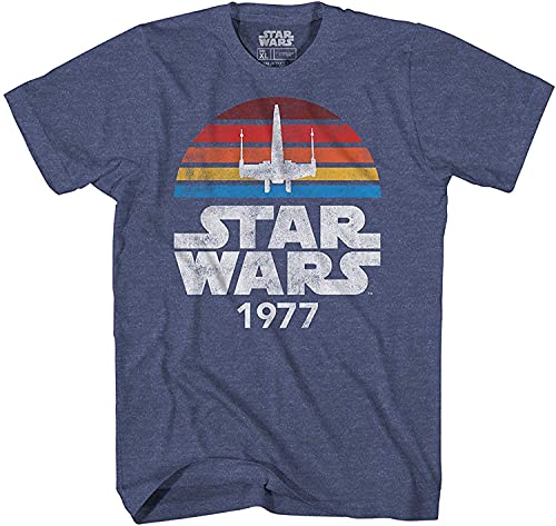 STAR WARS 1977 Logo Rainbow Sun X-Wing Classic Retro Vintage Adult Men's Graphic Tee Apparel T-Shirt (Blue Heather, Medium)