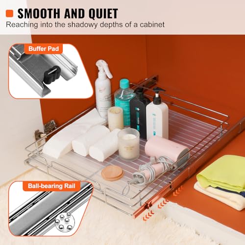 Image of VEVOR 21.5 inch Wx21 Dx3.5 H Pull Out Cabinet Organizer, Heavy Duty Slide Out Pantry Shelves, Chrome-Plated Steel Roll Out Drawers, Storage for Home, Under Sink, 23 inch Wx22 Dx7 H Install Size for Cabinet