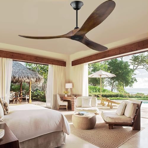 Image of MSHENUED 70 Inch Rustic Outdoor Ceiling Fans, Solid Wood Ceiling Fan No Light with Remote, Farmhouse Large Ceilling Fan for Patios Indoor High Low Sloped Ceiliing, Brown DC Ceiling Fan