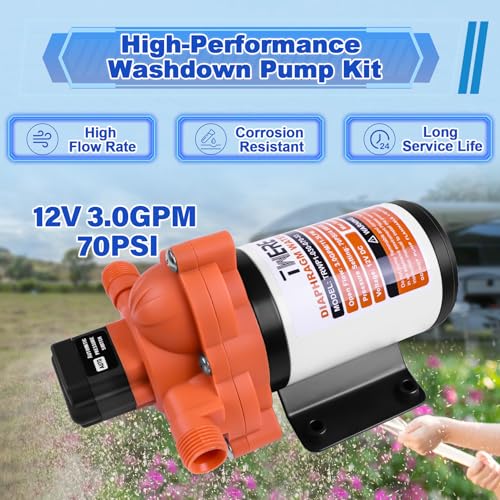 Image of 3.0 GPM 70 PSI Washdown Deck Wash Pump Kit, 12V Washdown Pump Kit with Strainer and Pressure Switch for RV,Boat,Sprayer,Travel Trailers,and Yacht,Orange-White
