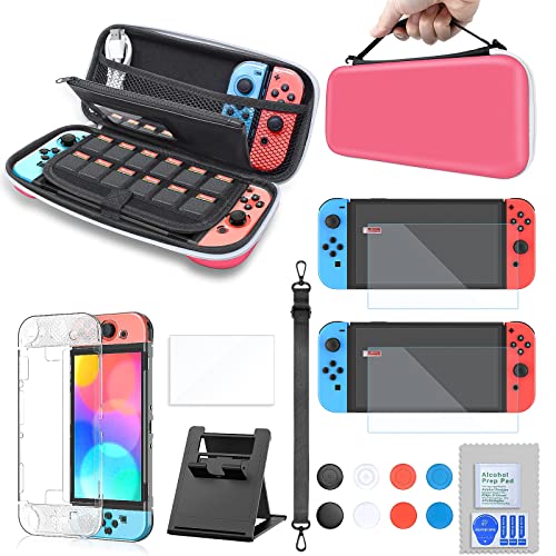 Pink Accessories Bundle for Nintendo Switch OLED Model, Portable Carry Case with Mirror Game Cards Slots Elastic/Zipper Bag, 3In1 Protective Case with Screen Protector, Playstand & 8 Thumb Grip Caps