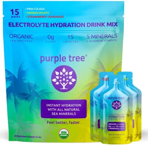 Organic Electrolyte Hydration Packets by Purple Tree, Sugar Free, Pina Colada + Variety Flavors, Daily IV Hydrate Packs for Dehydration Relief, Rapid Rehydration, 15 sticks