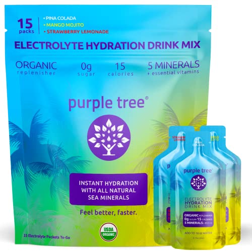 Organic Electrolyte Hydration Packets By Purple Tree, Sugar Free, Pina Colada + Variety Flavors, Daily Iv Hydrate Packs For Dehydration Relief, Rapid Rehydration, 15 Sticks #TOP20