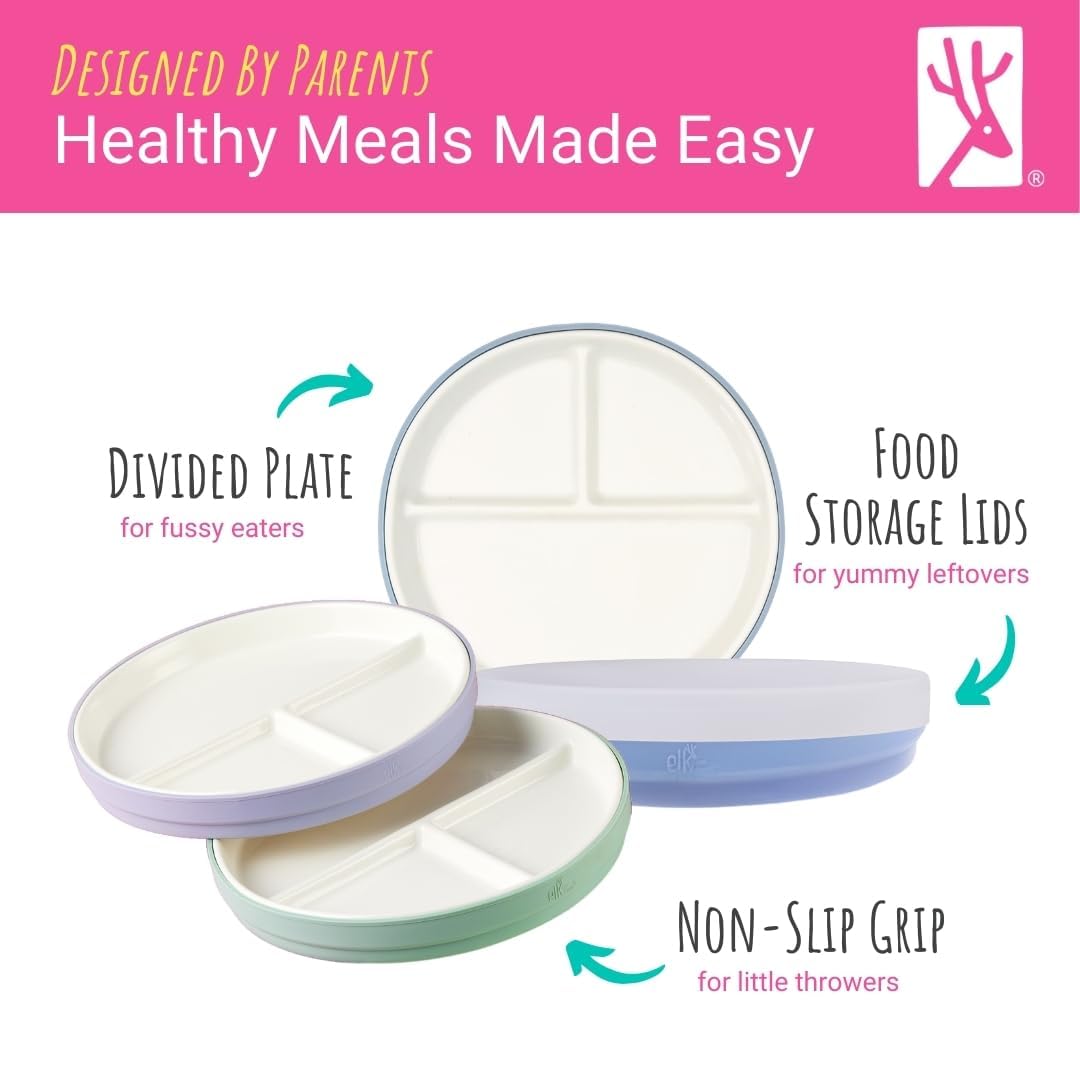 Elk and Friends Kids 7.8” Porcelain White Divided Plates with Silicone Sleeves + Lids, Blush/Misty Blue/Sage/Lilac - Image 4