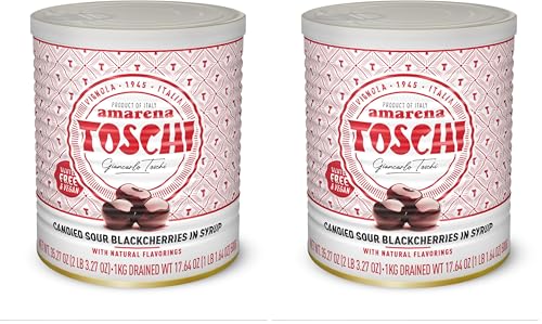 Toschi Amarena Cherries in Syrup, 2.2 Lbs (1kg) – Candied Sour Black Cherries in Rich Syrup – Italian Specialty Dessert Topping – Natural Flavorings, Non-GMO, Vegan &amp; Gluten-Free (Pack of 2)