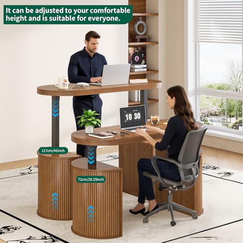 Image of Mid Century Modern Electric Standing Desk with Storage, 55 x 22 Inch Small Sit Stand Up Desk, Wood Adjustable Height Computer Executive Desk for Home Office, Laptop, Walnut