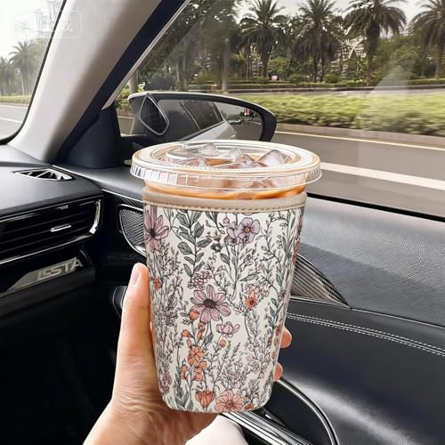 Image of Reusable Insulated Neoprene Iced Coffee Cup Sleeve, Durable Drink Sleeve for Cold Beverages, Beverage Holder for Iced Coffee (Bloom Magic)