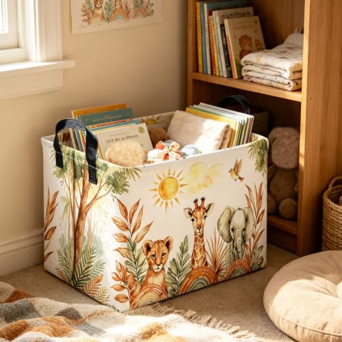Image of Rectangular Animal Baskets,Collapsible Gift Basket with Handles,Book Bins,Shelf Basket(Yellow animal)