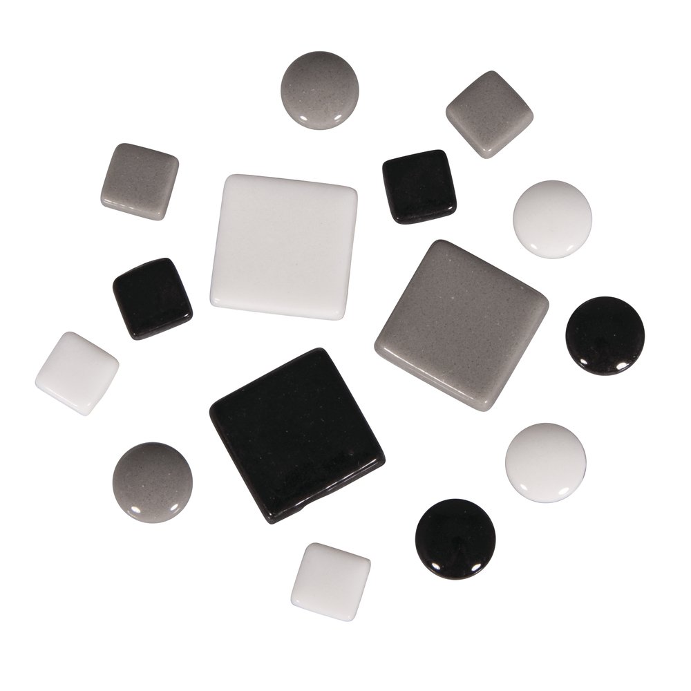 Rayher Fancy Glass Mosaic Tiles for Arts and Crafts, Set of Black and White Mosaic Pieces, Circles and Square-Shaped Tiles, 1x1cm, 2x2cm, Diameter 1.2cm, 500g, 14826000