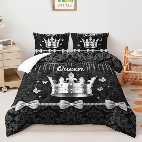 Image of AILONEN Queen Black Damask Comforter Set 3Pcs,Elegant Silver Crown Bedding Set Twin Size for Girls Women,Glam Luxury Diamond & Bow Quilt with 2 Pillowcases