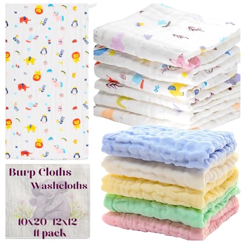 Baby Muslin Burp Cloths Washcloths 11 Pack Rags Face Towels Large Newborn Essentials Baby Registry Search 100% Cotton 6 Layered Muslin 10"x20" and 12"x12" for Boys &amp; Girls Gift Set
