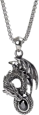 Silver KYASYA Stainless Steel Dragon Necklace, Silver, Dragon Pendant, Onyx, Dragon, Legend, Flame, Mens Necklace, Astringent, Venetian Chain