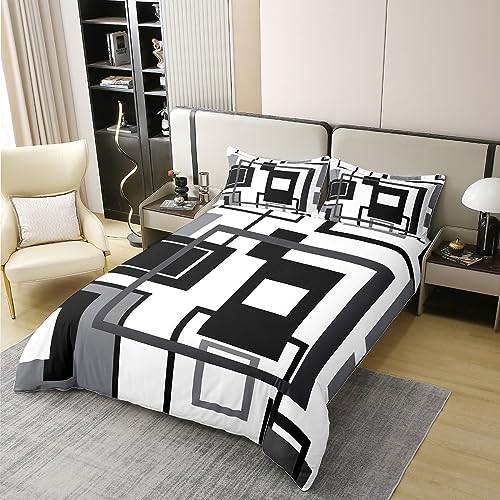Homewish 100% Cotton Black White and Grey Comforter Cover Double for Adults Men,Abstract Geometric Bedding Set Square Striped Duvet Cover Simple Lines Quilt Cover 2 Pillow Cases Modern Bedroom Decor - Image 3