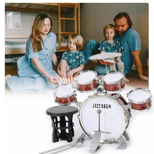 Image of FINYQBET Drum Set for Children Ages 3-7, Percussion Kit with 5 Drums, Cymbal, Drumsticks and Stool Educational Musical Toy, Ideal for Motor Development, Perfect Gift (Yellow-Brown)
