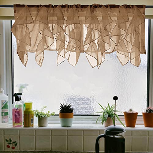 Pearage Ruffled Voile Semi Sheer Curtain Valance, Kitchen Living Room Shabby Chic Ruffle Valance Curtains, Girls Daughters Bedroom Cascade Window Valance Rust Brown 50X16 Inches #TOP3