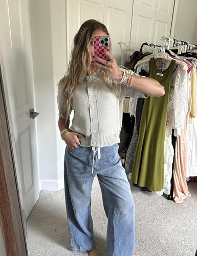 Womens 2025 Lightweight Cardigan Short Sleeve Knit Button Down Cropped Pullover Ribbled Sweater3