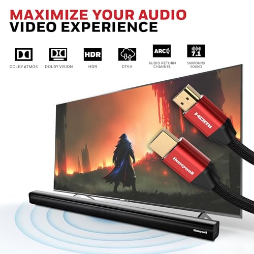 Image of Honeywell HDMI Cable 2.1 with Ethernet, 8k@60Hz, 4k@120Hz UHD Resolution, 1 Mtr(3.3ft), 48 GBPS Transmission Ultra High Speed, Dolby DTS, eARC, 3D,Male-to-Male,Compatible with all HDMI-Enabled Devices