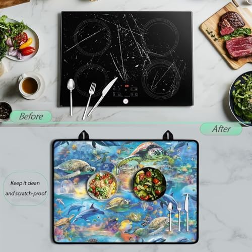 Image of Dolphin Sea Turtle Glass Stove Cover Stovetop Protector Cover Foldable Electric Stove Top Protector Prevent Scratching Washer Dryer Counterto Cover for Home Decor