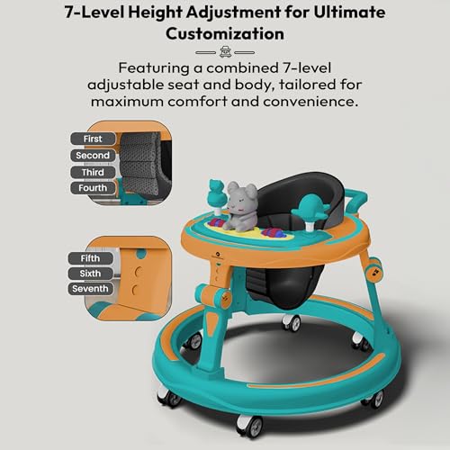 Image of StarAndDaisy 360 Baby Walker 6-24 Months / 7 Level Height Adjustment Walker for Kids Boy and Girl with Switchable Food & Musical Toy Tray /Premium Baby Activity Walker - Green Orange