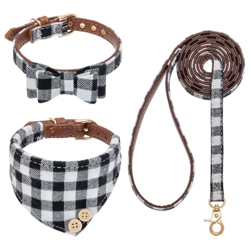 Image of EXPAWLORER Dog Collar and Leash Set - Classic Plaid Dog Bow Tie and Dog Bandana Collar, Dog Leash Tangle Free, Adjustable Collars for Medium Dogs, Holiday Ideal Gift, M