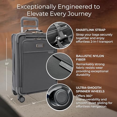 Image of Briggs & Riley Essential 22 inch Carry On Expandable Spinner - Luggage for Travel, Suitcases with Wheels, Softside Rolling Bag for Men & Women, Self-Repairing Zipper - Baseline Collection, Steel Gray