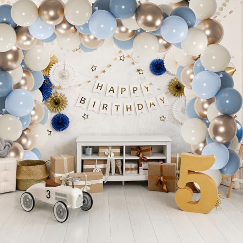 Image of 100pcs Dusty Blue Balloon Set | 12-Inch Baby Slate Blue, Sand White & Champagne Gold Confetti Balloons | Elegant Decor for Baby Shower, Wedding, Graduation & Boys' Birthday (2 Ribbons)