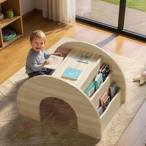 ZUNLANTK 3-in-1 Kids Desk and Chair Set, Toddler Desk with Bookshelf for Ages 2-7 | Arched Baby Bookshelf with Table for Reading Drawing Playing (Oak)