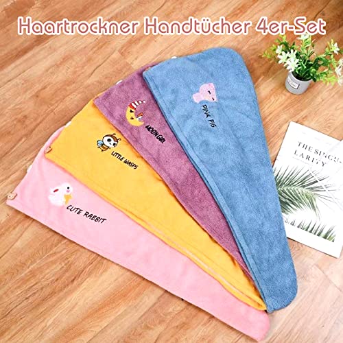 4 Stück Mikrofaser Handtuch Haare Schnell Trocknend Haartuch in 4 Farben mit Knopf, Super Saugfähig Haarturban Handtuch für Frauen und Mädchen, Schnell Trocken Salon Reisen Bad Kopf Wrap (Tiere)